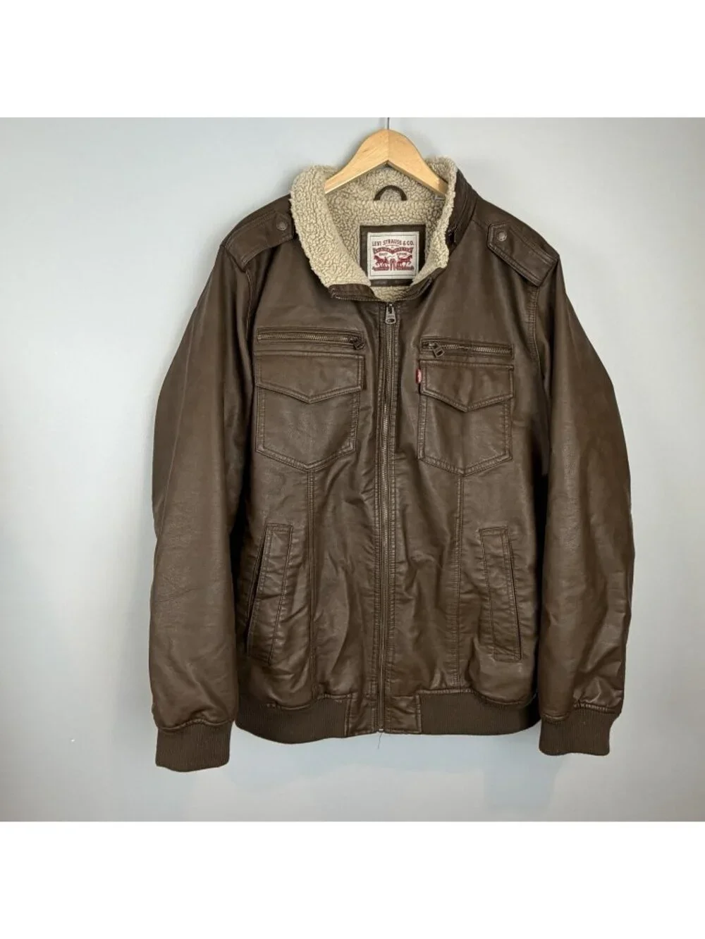 Levi’s Mens 2XL Brown Faux Leather Sherpa Lined Military Field Jacket